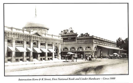 Intersection Kern & K St., First National Bank and Linder Hardware - Circa 1900